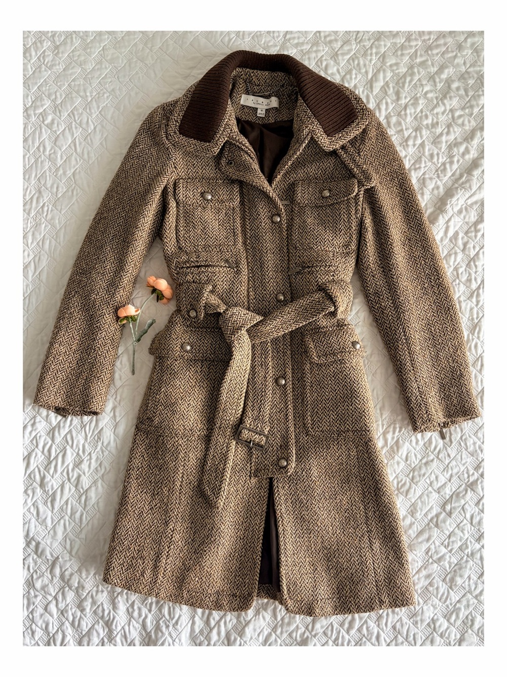 Laundry by Shelli Segal Wool Herringbone Belted Coat Brown Size 10